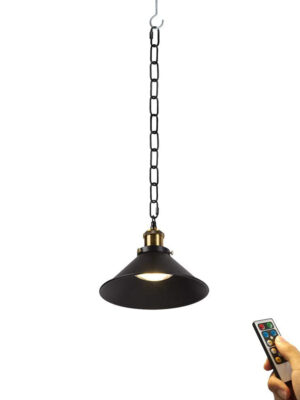 Wireless Battery Operated Pendant Light with Remote Iron Cone Shade and Chain